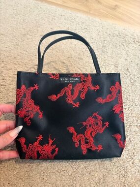 kate spade Black Mini Tote with Red Dragon Embroidery